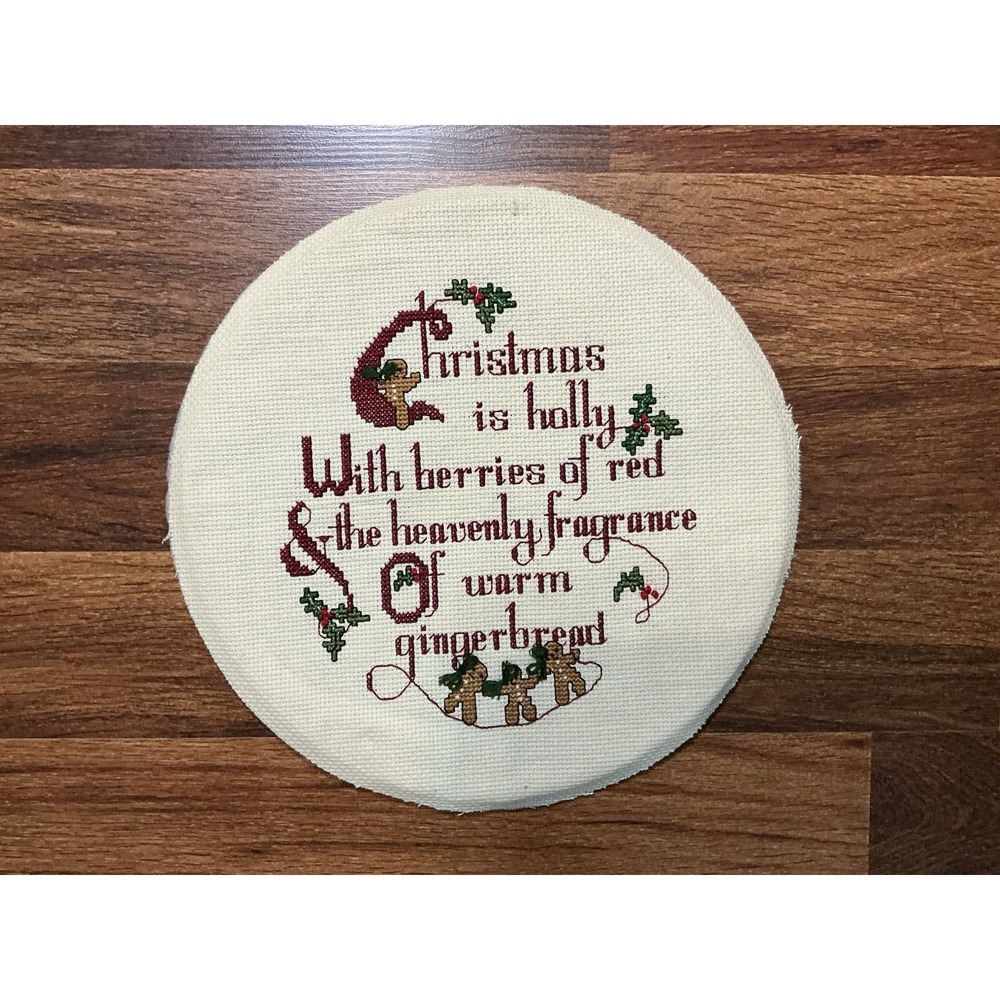 Vtg Completed Round Cross Stitch CHRISTMAS IS HOLLY & GINGERBREAD 12.5"